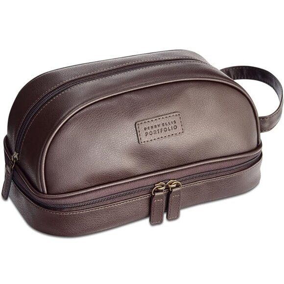 PERRY ELLIS Portfolio Brown Faux Leather Pebble Travel Kit Toiletry Bag Case Men - Picture 1 of 9